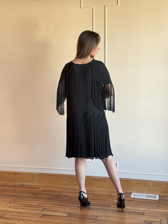 50s Black Fringe Dress Asymmetric Flapper Dress S… - image 10