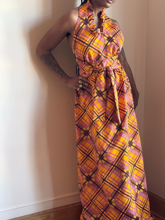 70s Plaid Maxi Dress - Orange Mustard Yellow Ruffled Halter Gown 70s Plaid Maxi Dress - Orange Mustard Yellow Ruffled Halter Gown