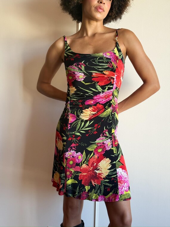 princess polly baby blue dress Y2K Cache Floral Mini Dress – Ruched Bodycon Slip Dress – Black With Bright  Flowers – S