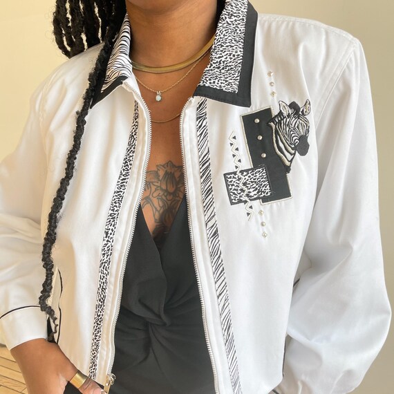 ジャケット・アウター vintage zebra jacket 80s Zebra Print Zip up Jacket – Vintage Embroidered Crop Coat - Etsy