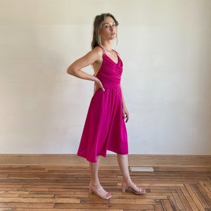 70s Dress Hot Pink Disco Dress Strappy Open Back Full Skirt Cowl Neck Gathered Cinched Waist Midi Dress image 3