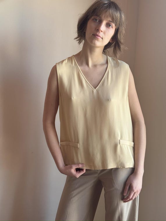 90s Giorgio Armani Silk Blouse – Butter Yellow Minimalist Top (S/M