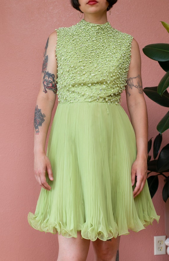 50s 60s Light Green Dress Beaded Pearl Crystal Hi… - image 2