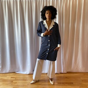 80s Dress Navy White Polka Dot Jacket Style Dress Dramatic Collar Long Sleeve Cuff Large White Buttons Front Pockets image 5