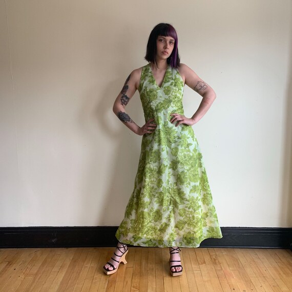 70s Maxi Dress Light Green Floral Chiffon Dress O… - image 6