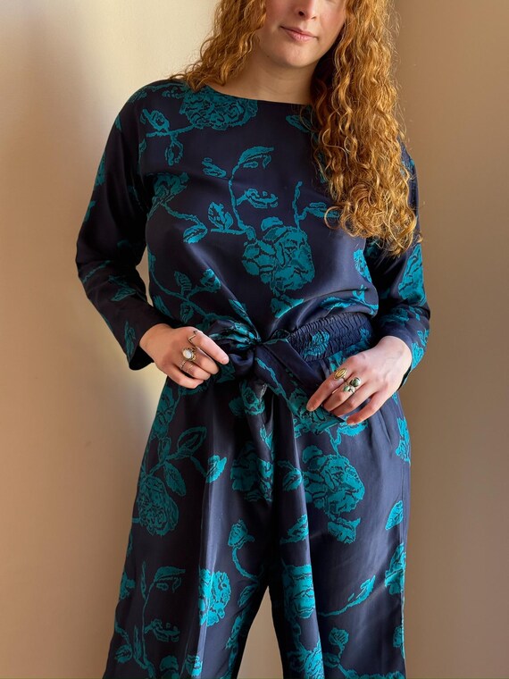 90s/00s Y2K Navy Floral Jumpsuit Teal Print Wide Leg Romper With