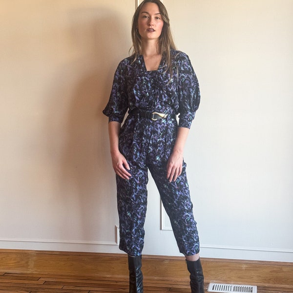 80s Silk Jumpsuit Tapered Pants Painted Print Novelty Puff Sleeve Black Purple Petite Onesie Romper