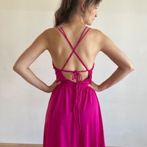 70s Dress Hot Pink Disco Dress Strappy Open Back Full Skirt Cowl Neck Gathered Cinched Waist Midi Dress image 9