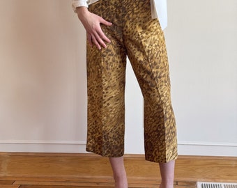 Vintage jaren '90 Zijde Crop Broek / Animal Leopard Gedrukt Wide Leg Capri Broek L