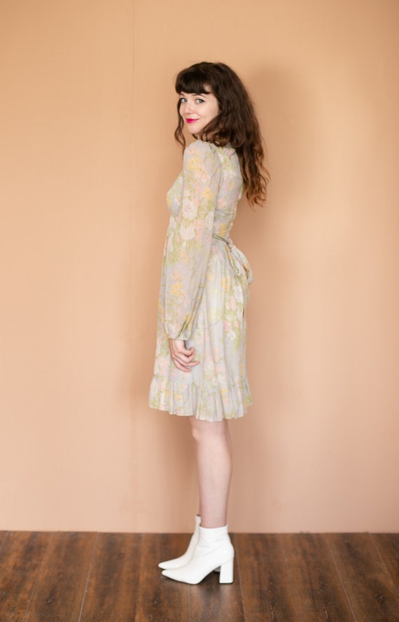 70s Pastel Floral Hippie Dress Leg of Mutton Bell… - image 7