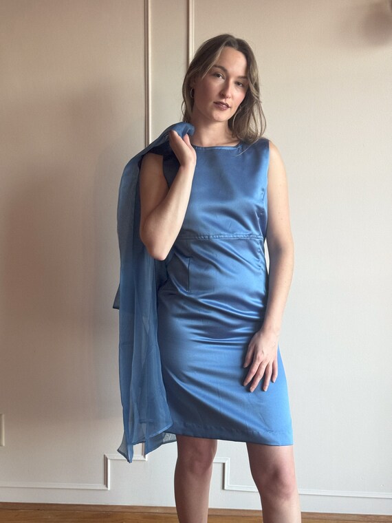 80s Blue Satin Dress Set - Organza Jacket, Minimalist Mod Style