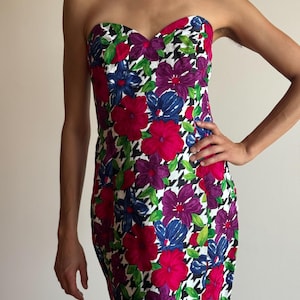 80s Strapless Floral Mini Dress – Sweetheart Neckline Cocktail Dress – Small