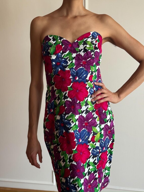 sachin and babi light blue dress 80s Strapless Floral Mini Dress – Sweetheart Neckline Cocktail Dress –  Small