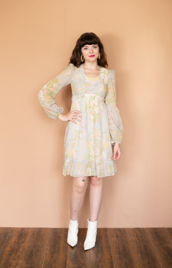 70s Pastel Floral Hippie Dress Leg of Mutton Bell… - image 3