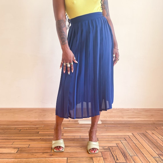 80s Skirt Navy Blue Midi Skirt Pleated Sheer Skir… - image 2