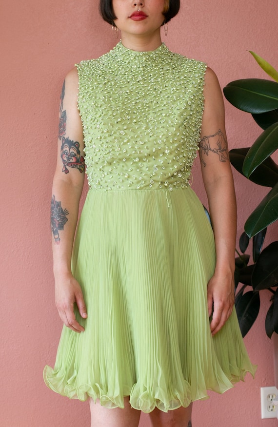 50s 60s Light Green Dress Beaded Pearl Crystal Hi… - image 9