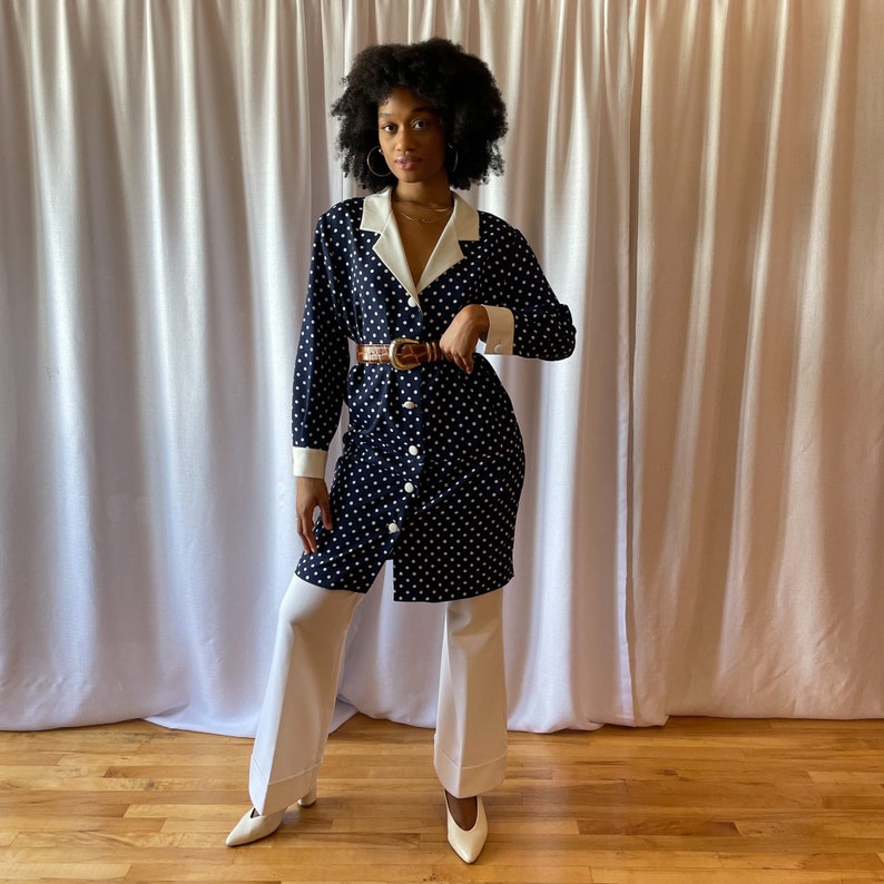 80s Dress Navy White Polka Dot Jacket Style Dress Dramatic Collar Long Sleeve Cuff Large White Buttons Front Pockets image 7