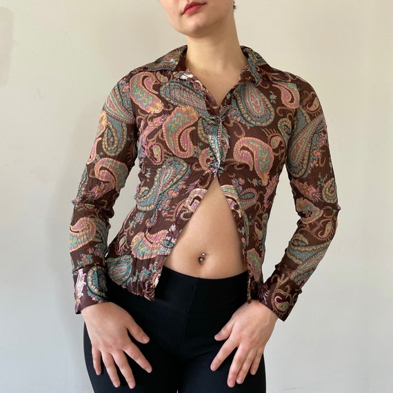 00s Y2K Button Down Blouse Paisley Top Brown Blue… - image 1