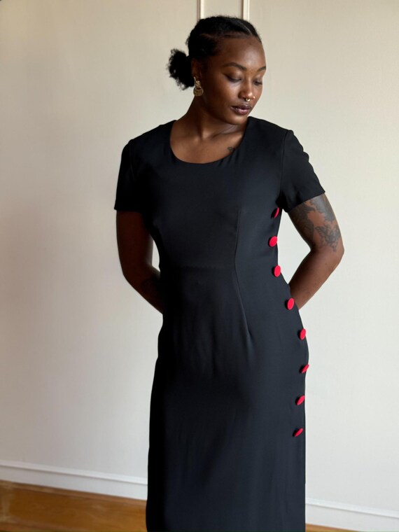 90s Leslie Fay Black Petite Midi Dress - Red Side Button Detail - Sleek Cocktail Dress