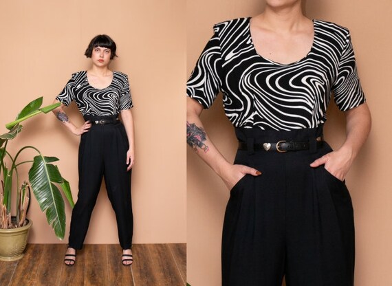 90s Black & White Swirl Novelty Print Jumpsuit Ult