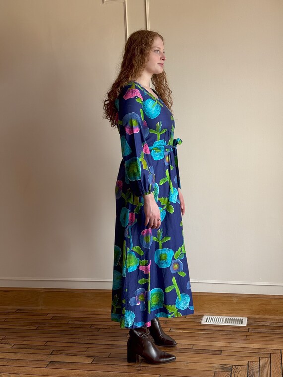 70s Floral Maxi Dress / Blue Pink Green Large Flo… - image 7