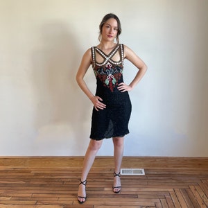 80s 90s Mini Dress Beaded Holiday Christmas Party Mistletoe Holly Silk Cutout Cage Dress Sequin Red White Black Dress