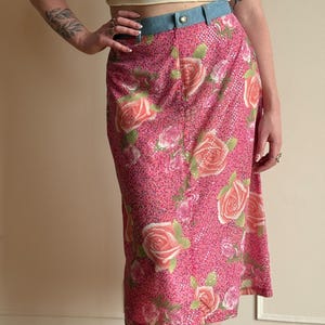 Y2K/00s Versailles New York Pink Rose Sequin & Denim Waistband Midi Skirt
