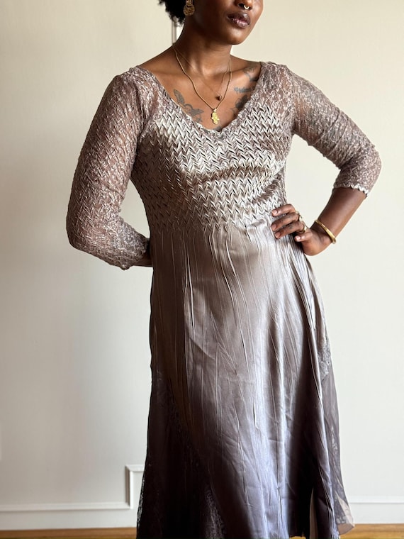 90s Komarov Metallic Ombre Dress -Ruched Bodice, Sheer Lace Sleeves
