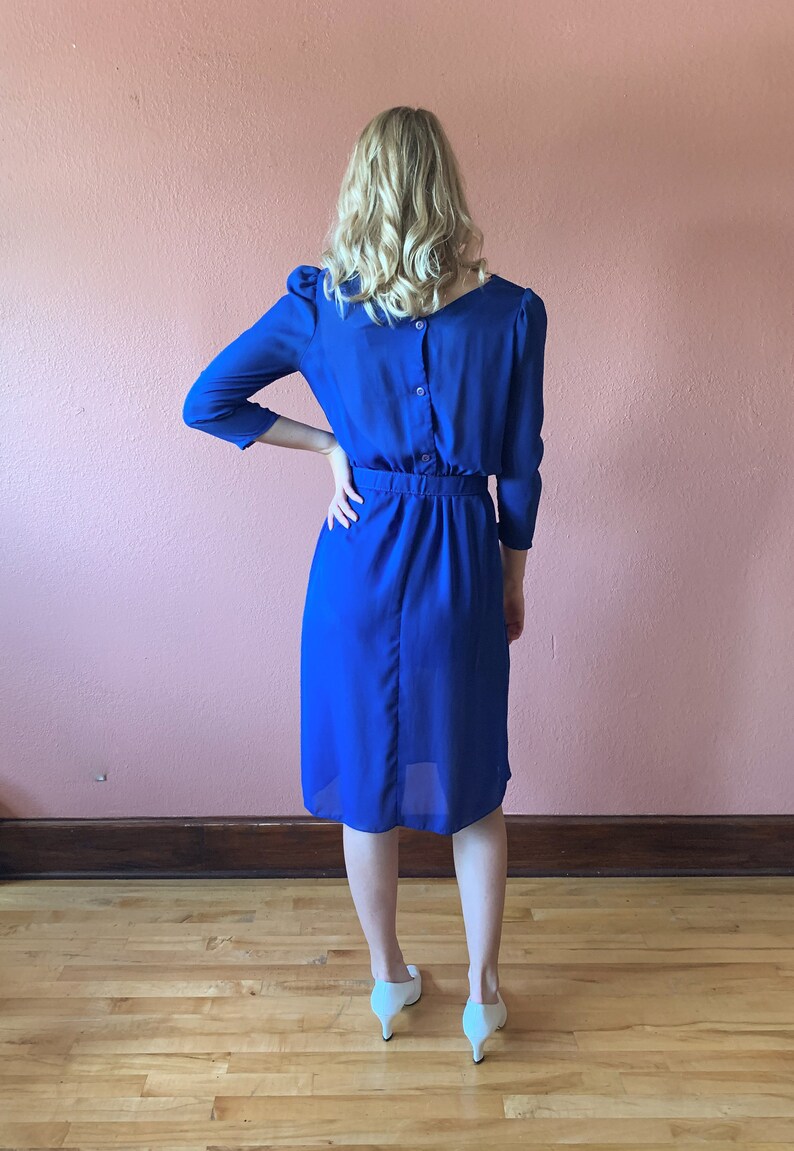 70s Blue Dress Rhinestone Embellished Floral Applique Sailor Collar Dress Puff Sleeve 34 Sleeve Sheer Belted Knee Length Dress