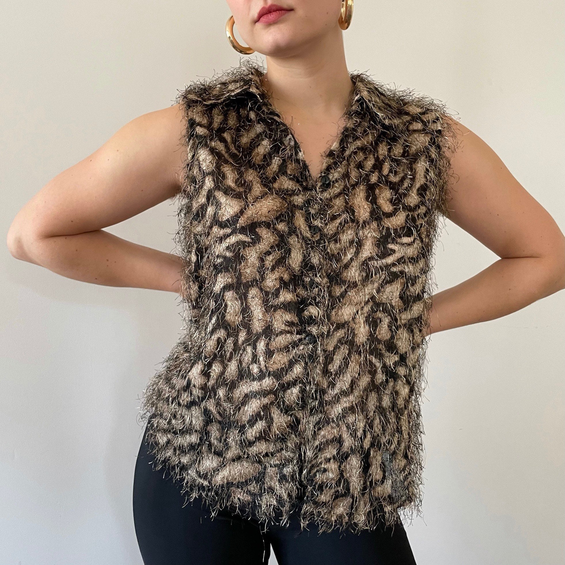 00s Y2K Fuzzy Top Animal Print Leopard Print Top Button Down