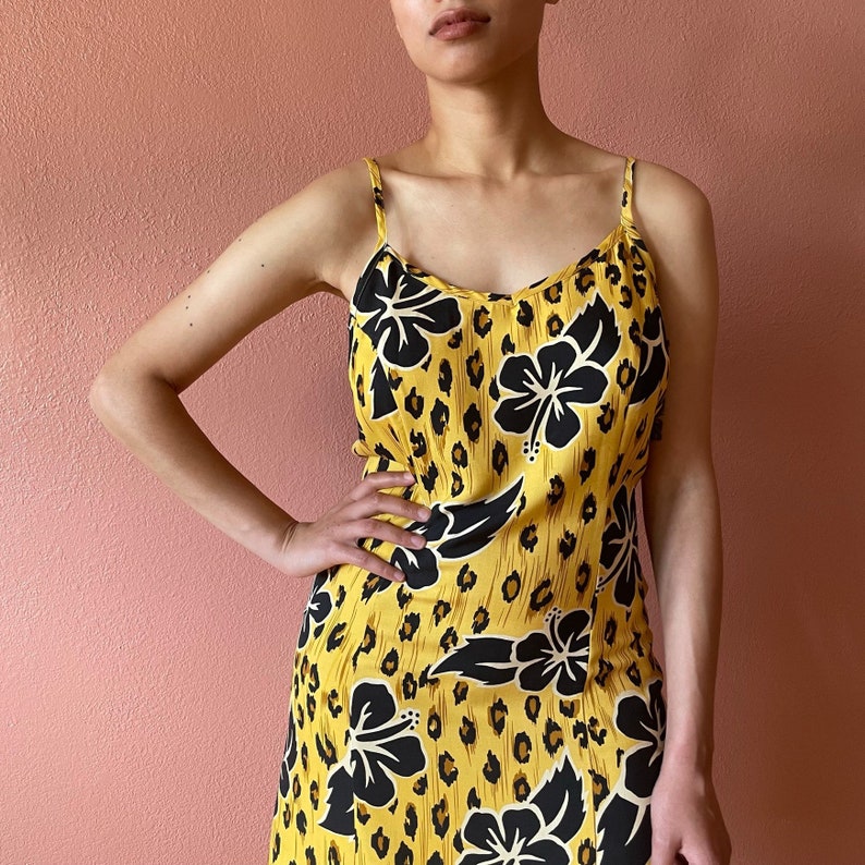 00s Y2K Mini Dress Tropical Summer Dress Hibiscus Print Yellow Cheetah Print Mini Dress Silk Dress image 2