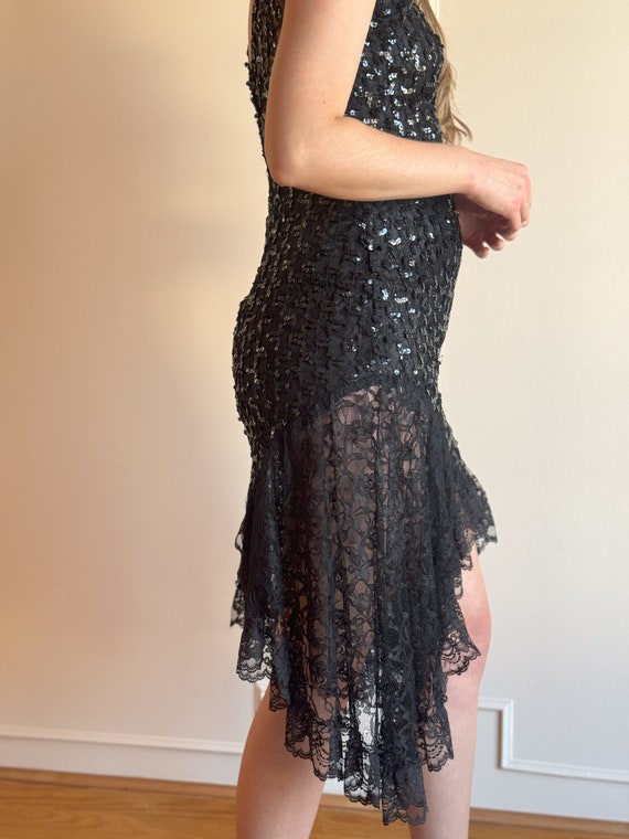 80s Black Sequin Mini Dress Lace High Low Hemline… - image 9