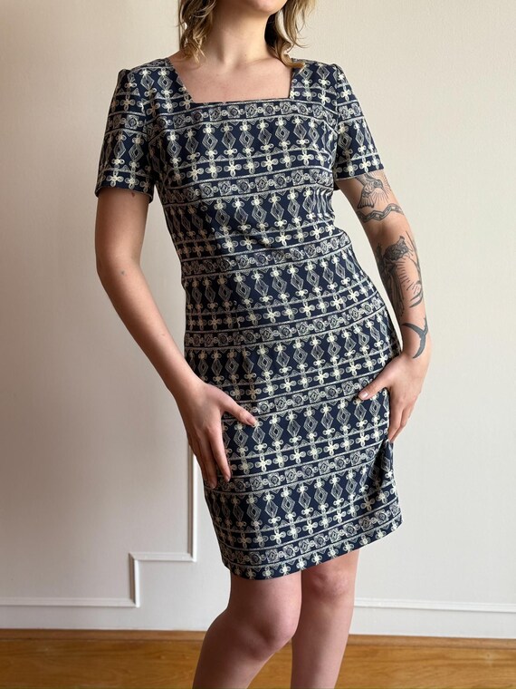 90s CDC Navy & White Midi Dress Square Boat Neck Cut-Out Cross Back Dress