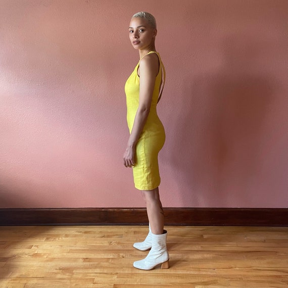 80s Dress Bright Yellow Bodycon Dress Linen Yello… - image 8