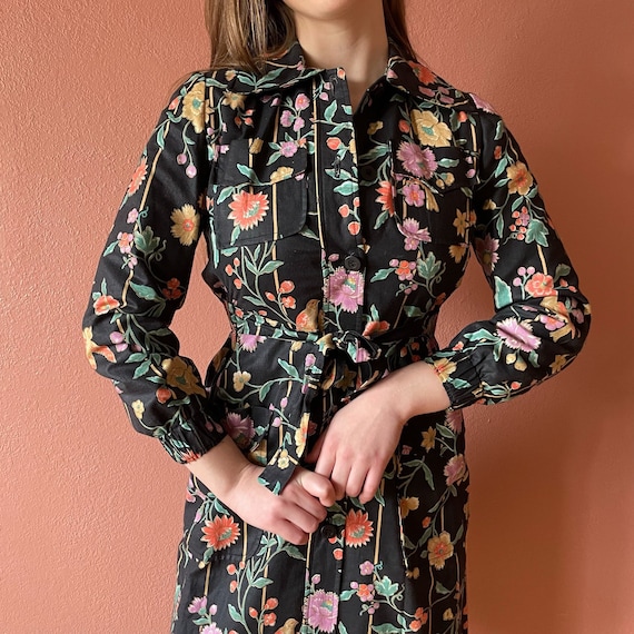 60s Floral Bird Print Midi Dress - Lou Fritzel Mod Cotton Button-Down