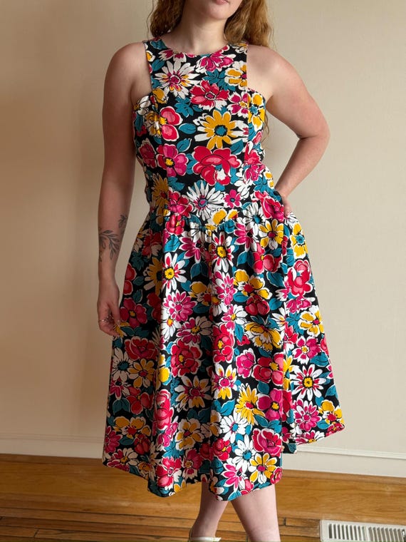 70s Floral Halter Midi Dress - Sunshine State Cotton Fit & Flare 70s Floral Halter Midi Dress - Sunshine State Cotton Fit & Flare