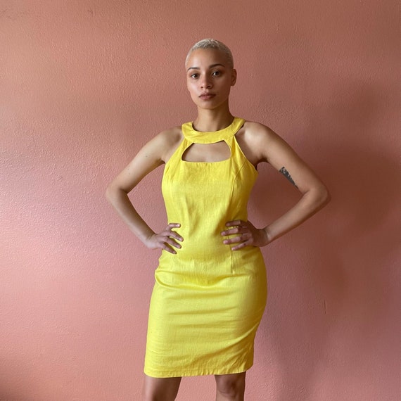 80s Dress Bright Yellow Bodycon Dress Linen Yello… - image 4