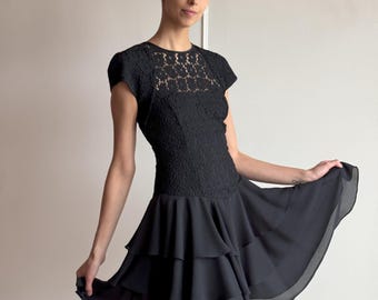 80s Black Lace Party Dress – Tiered Ruffle Skirt, Backless