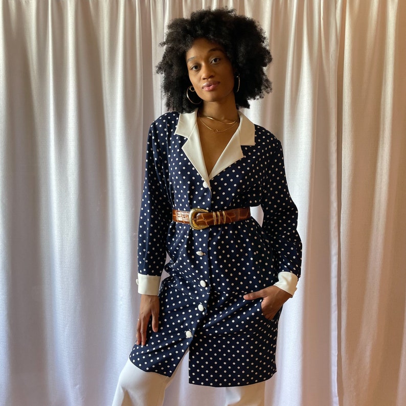 80s Dress Navy White Polka Dot Jacket Style Dress Dramatic Collar Long Sleeve Cuff Large White Buttons Front Pockets image 2