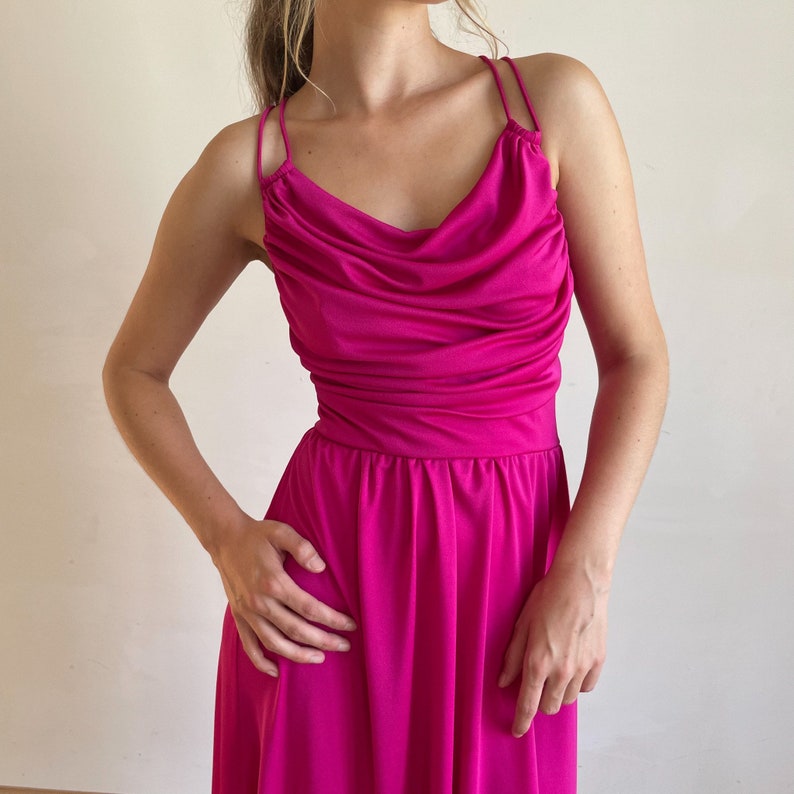 70s Dress Hot Pink Disco Dress Strappy Open Back Full Skirt Cowl Neck Gathered Cinched Waist Midi Dress image 2