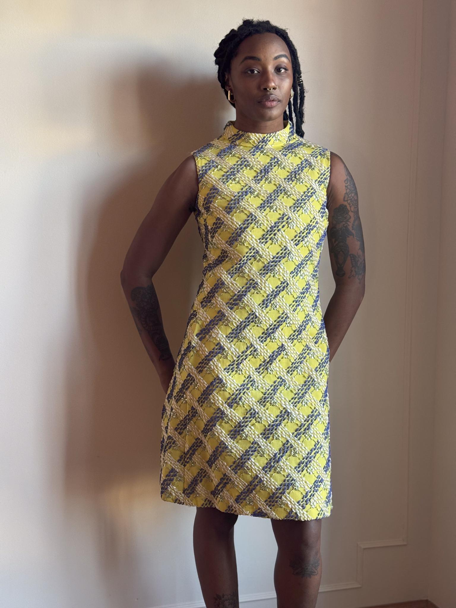 60s Woven Mod Mini Dress Yellow Blue Glam Glitter Metallic