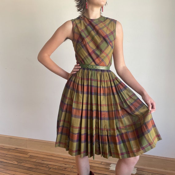 60s Fall Plaid Dress Full Skirt Fit and Flare Hig… - image 2