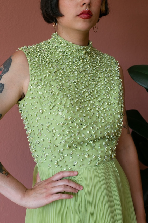 50s 60s Light Green Dress Beaded Pearl Crystal Hi… - image 7