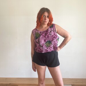 90s Blouse Printed Floral Tank Blouse Sheer Purple Airbrush Style Floral Green Print image 7