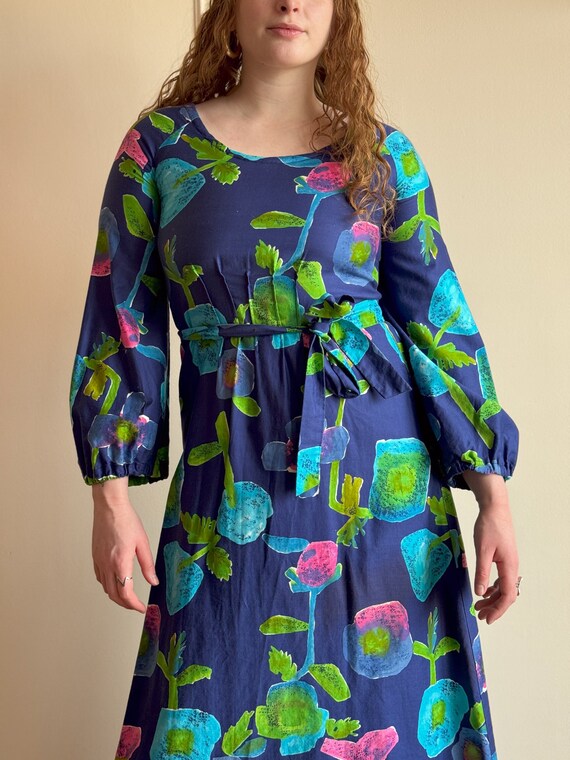 70s Floral Maxi Dress / Blue Pink Green Large Flo… - image 5