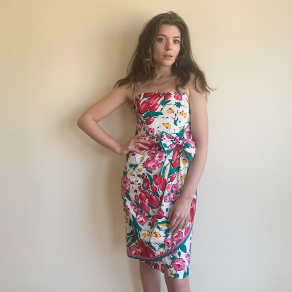 80s Tulip Floral Printed Bow Tie Dress Tube Top D… - image 1