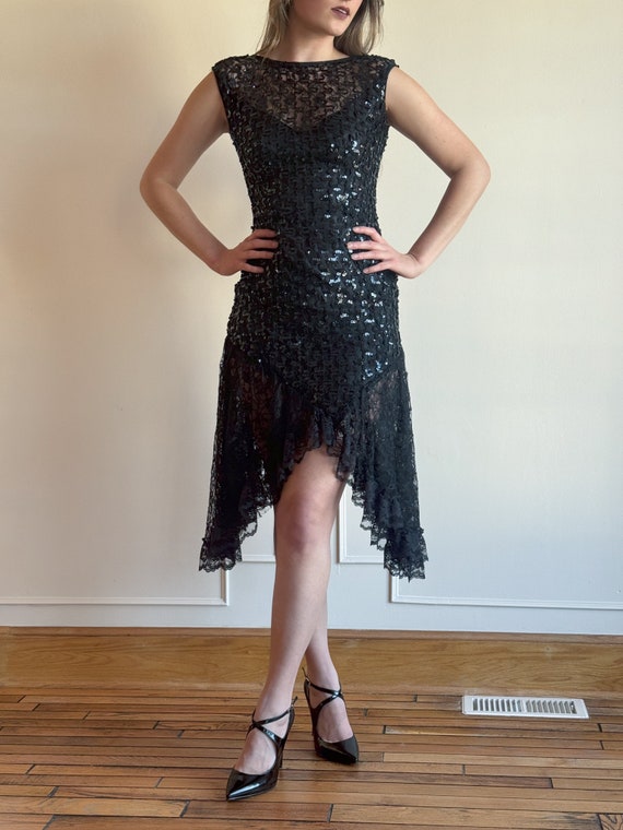 80s Black Sequin Mini Dress Lace High Low Hemline… - image 6
