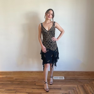 90s Black Dress Beaded Sequin Bronze Metallic Art Deco Party Dress Ruffle Flapper Holiday NYE