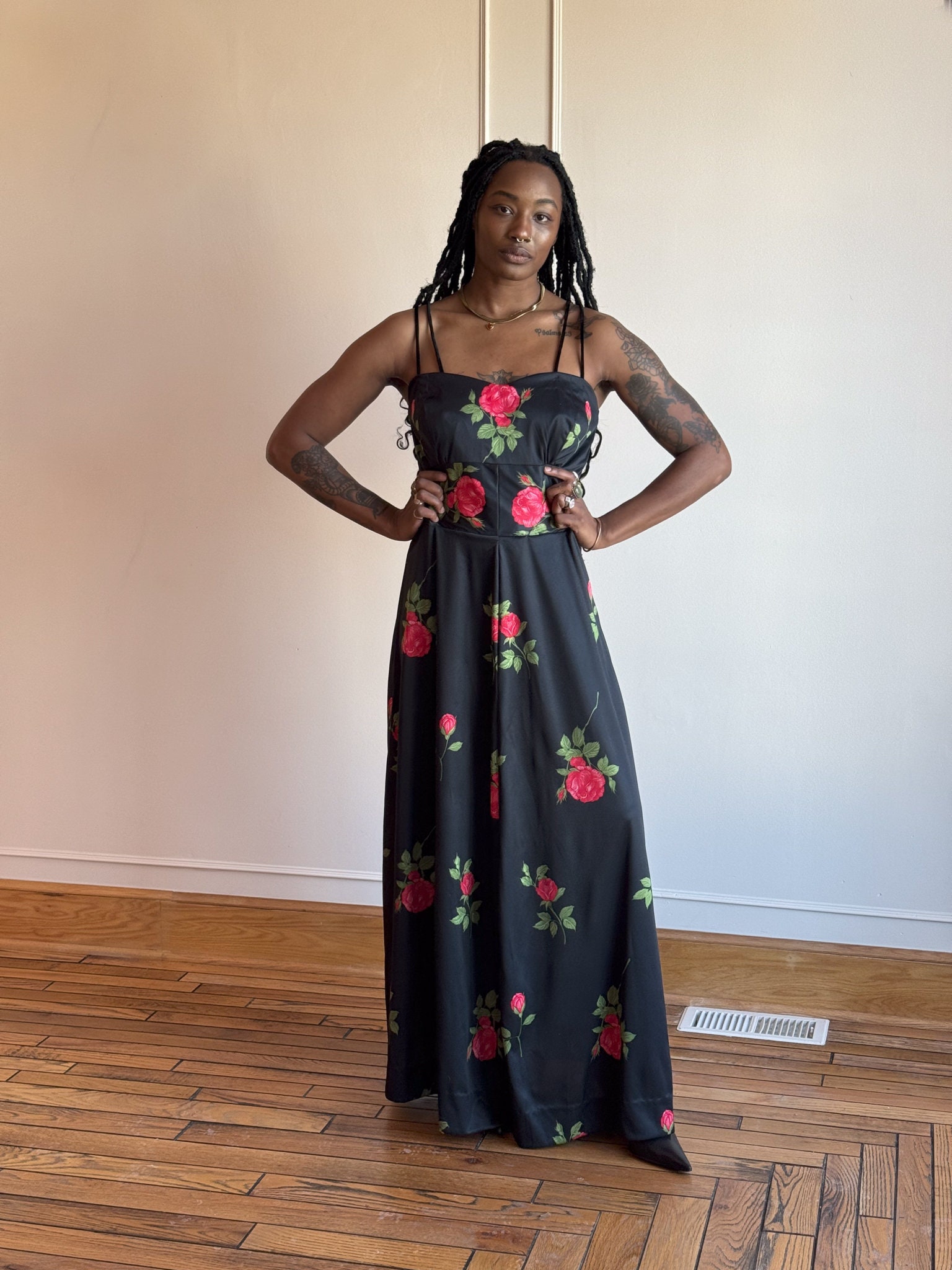 70s Rose Print Maxi Dress - Black & Red Floral Gown - L/XL