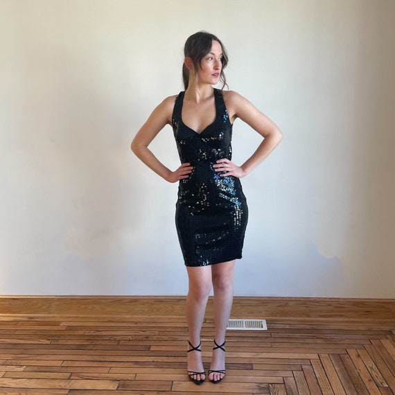 90s Mini Dress Sequin Black Bodycon Dress Halter … - image 1